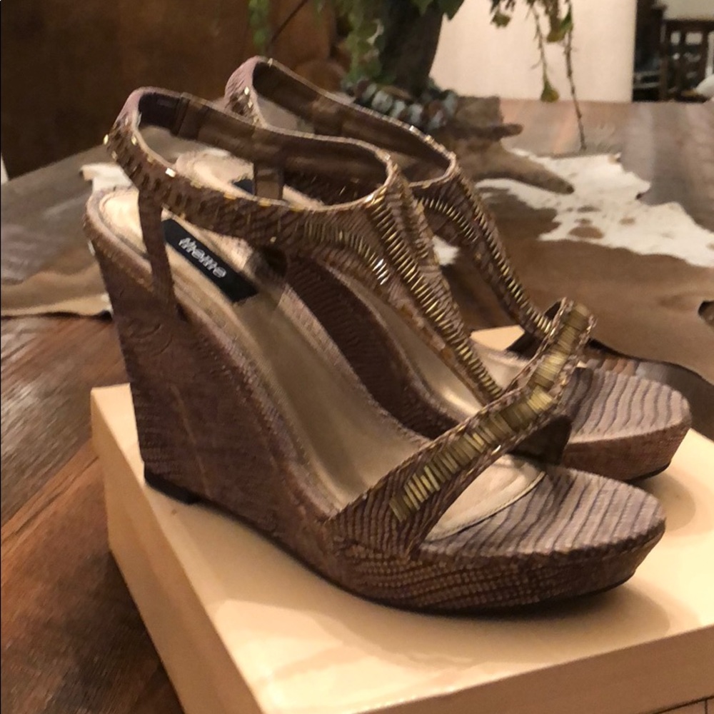 Brown beaded wedge sandals